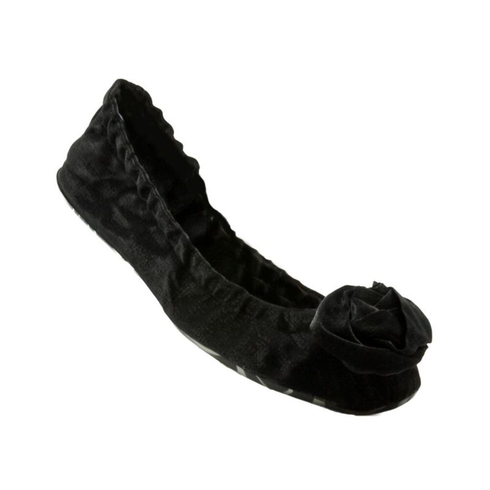 J&C S01_12A_001 Folding Black Rosette Fabric Ballerina Flats